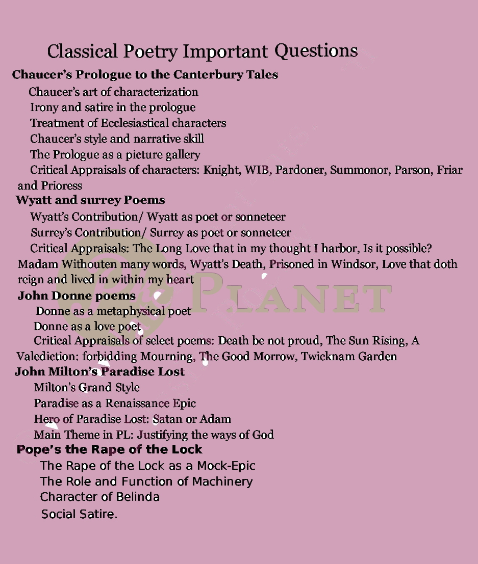 Important Questions of Classical Poetry for MA English