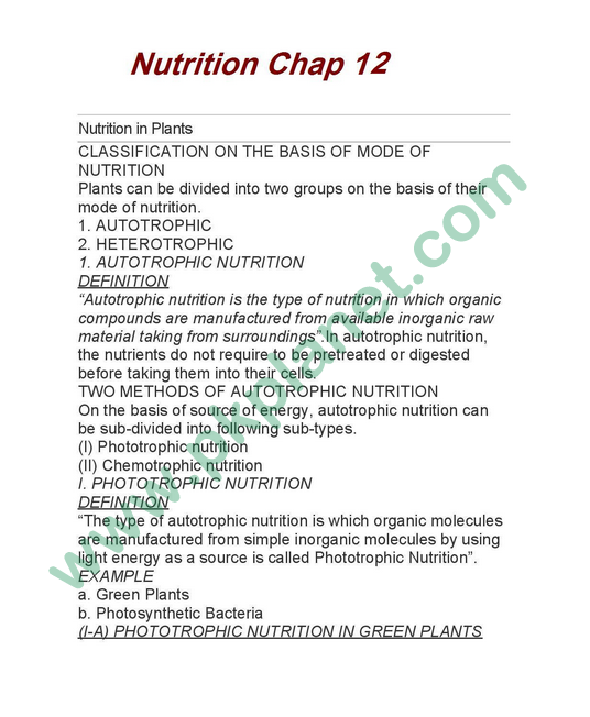 1st Year Biology Notes Chapter # 12 & 13 (Nutrition & Gaseous Exchange)