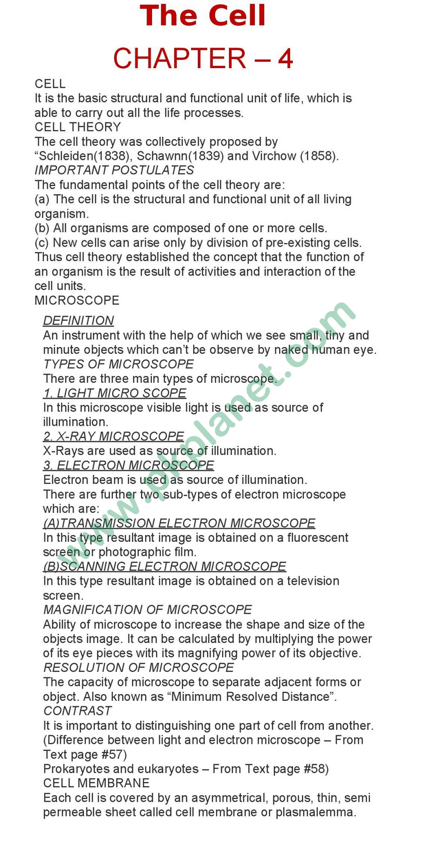 1st Year Biology Notes Chapter # 4 (The Cell)