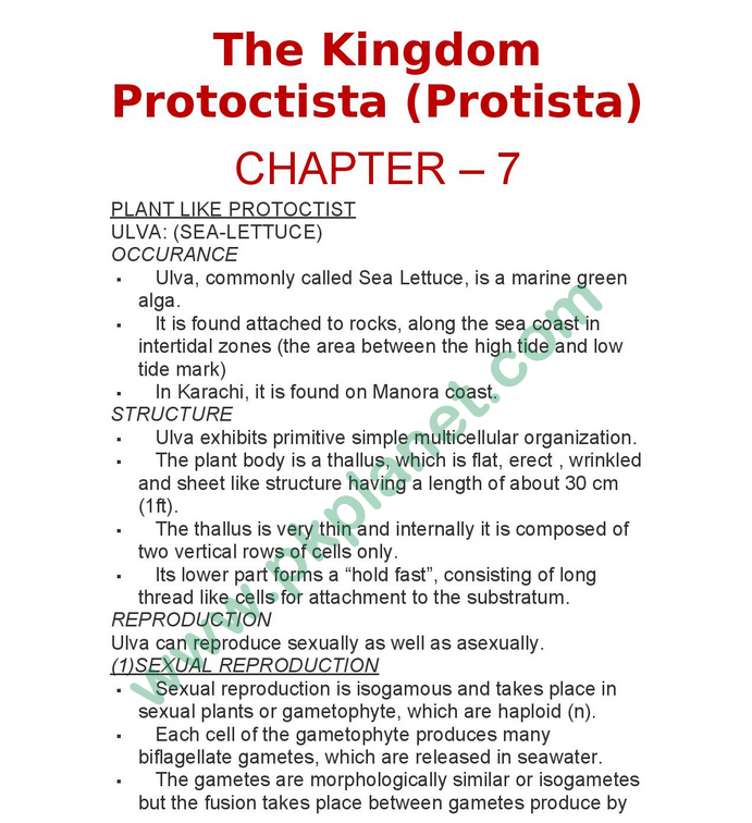 1st Year Biology Notes Chapter # 7 (Kingdom Protoctista Protista)