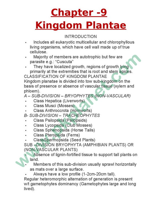 1st Year Biology Notes Chapter # 9 (Kingdom Plantae)